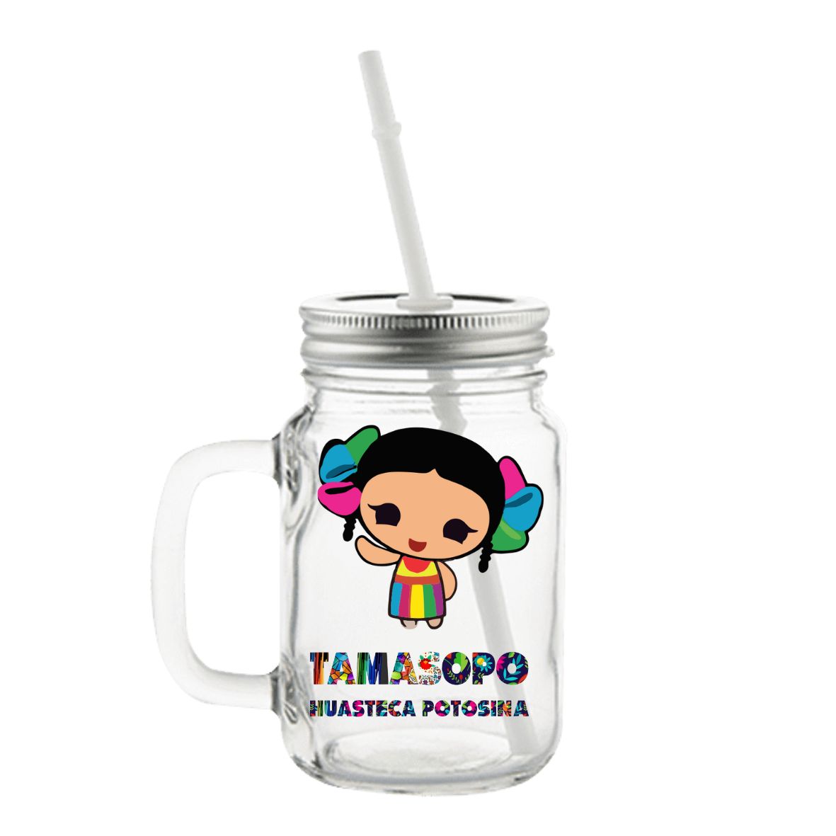 TARRO MASON DE ½ LITRO CON TAPA Y POPOTE ESTAMPADO DTF